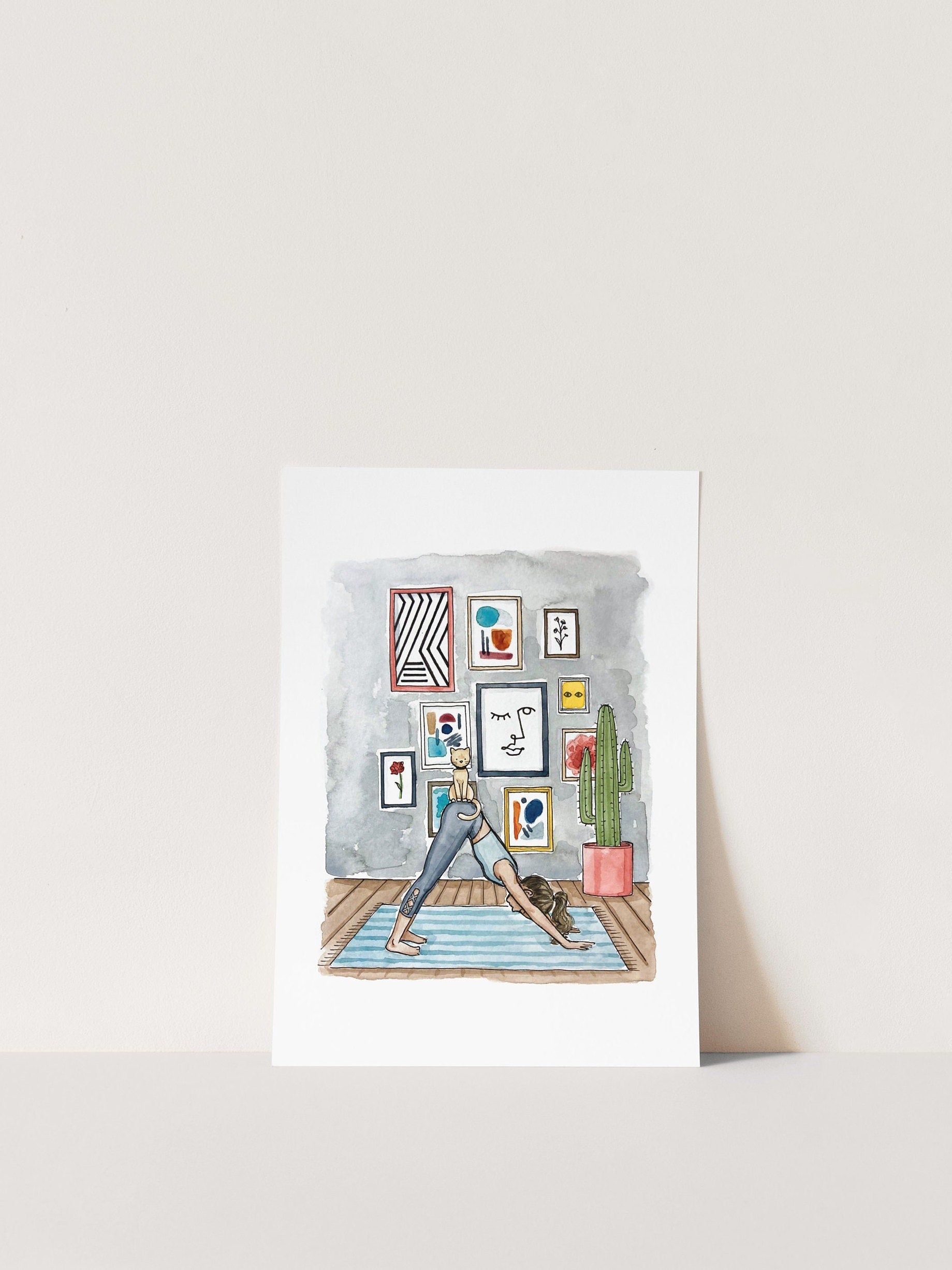 Yoga Cat Print | Watercolor Illustration | Wall Art | Abstract Watercolor Wall Art | Nursery Decor | Boho Wall Decor | 8x10" 5x7" Art Print