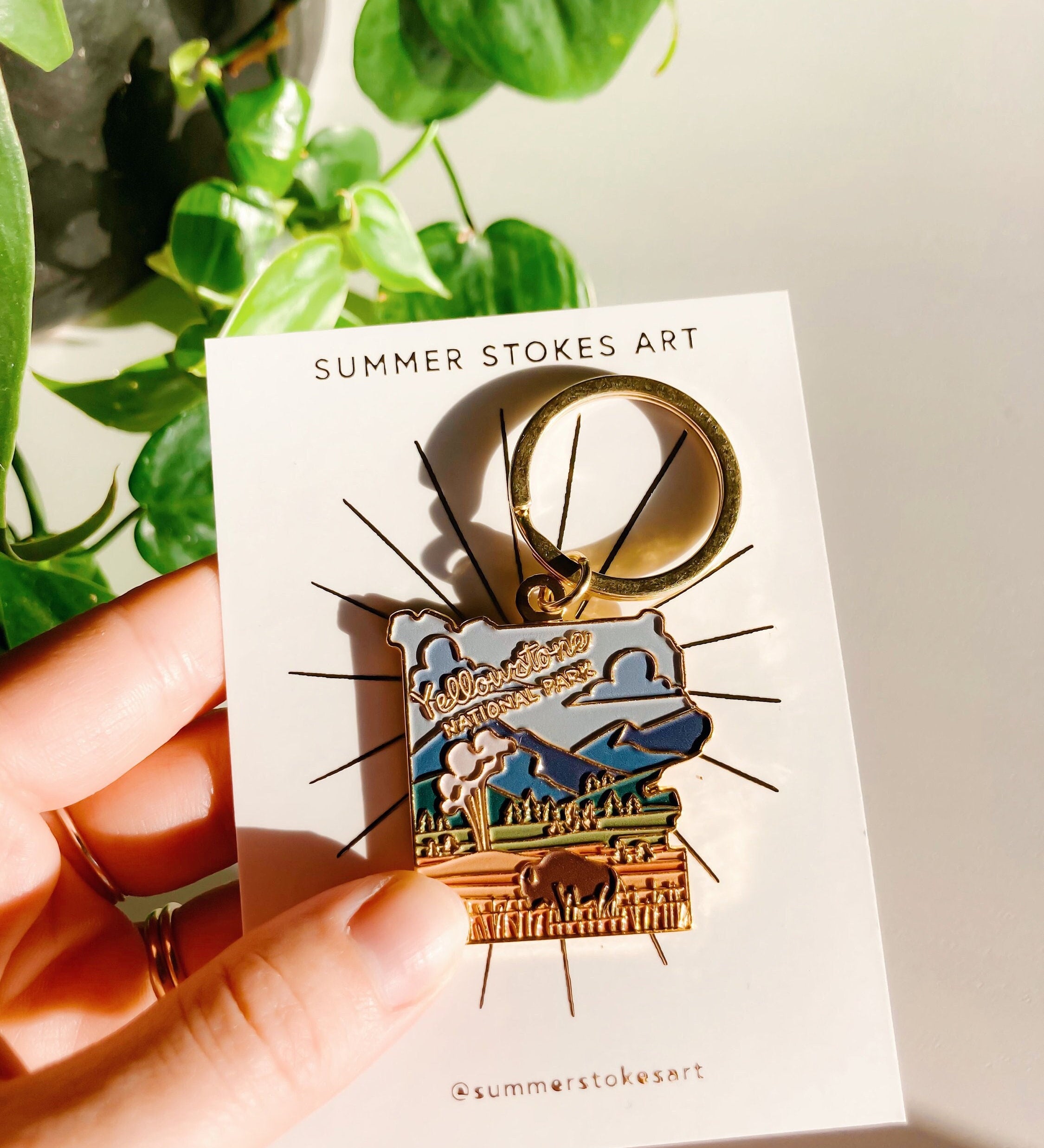 Yellowstone Gold Enamel Keychain | National Park Key Ring | Soft Enamel Illustrated Keychain | Yellowstone National Park Gift | 1.5"