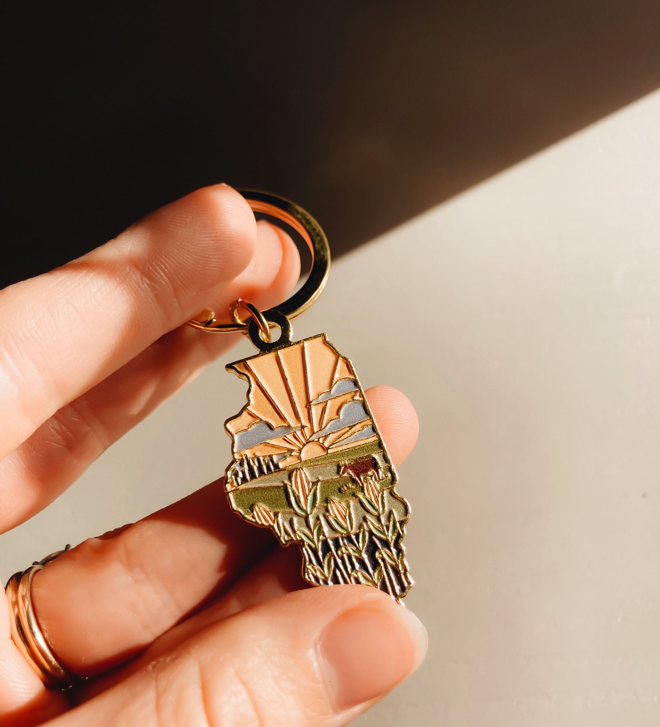 Illinois Gold Enamel Keychain | Illinois Outline Key Ring | Soft Enamel Illustrated State Keychain 1.75"